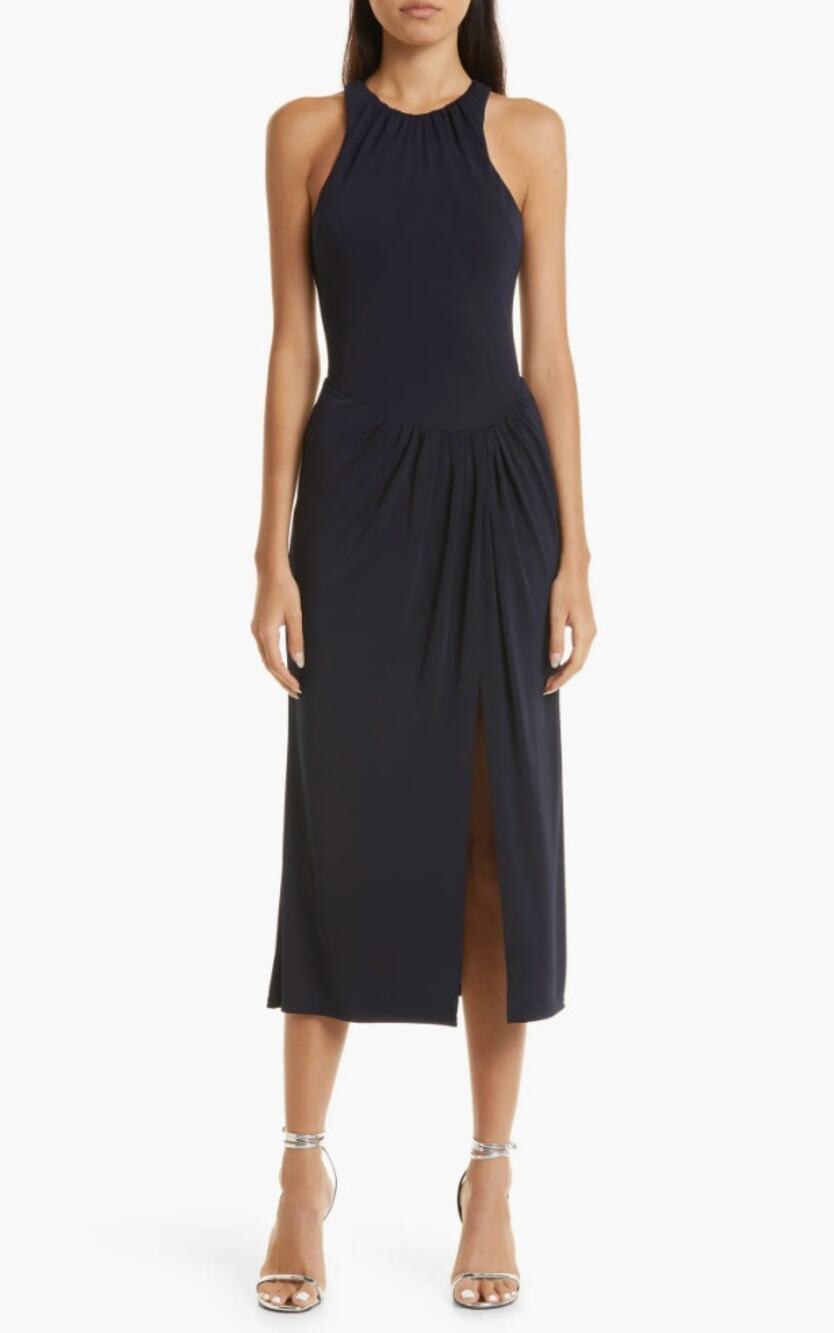 NEW Cinq a Sept Lezlie Side Slit Jersey Dress Midi Minimalist Draped Navy US 0